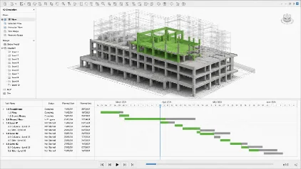 4D construction sequencing view: a coordinated structural model beside a linked programme Gantt chart